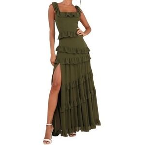 LULUS Olive Green Ruffle Tiered Maxi Dress Slit Romantic Boho Size S